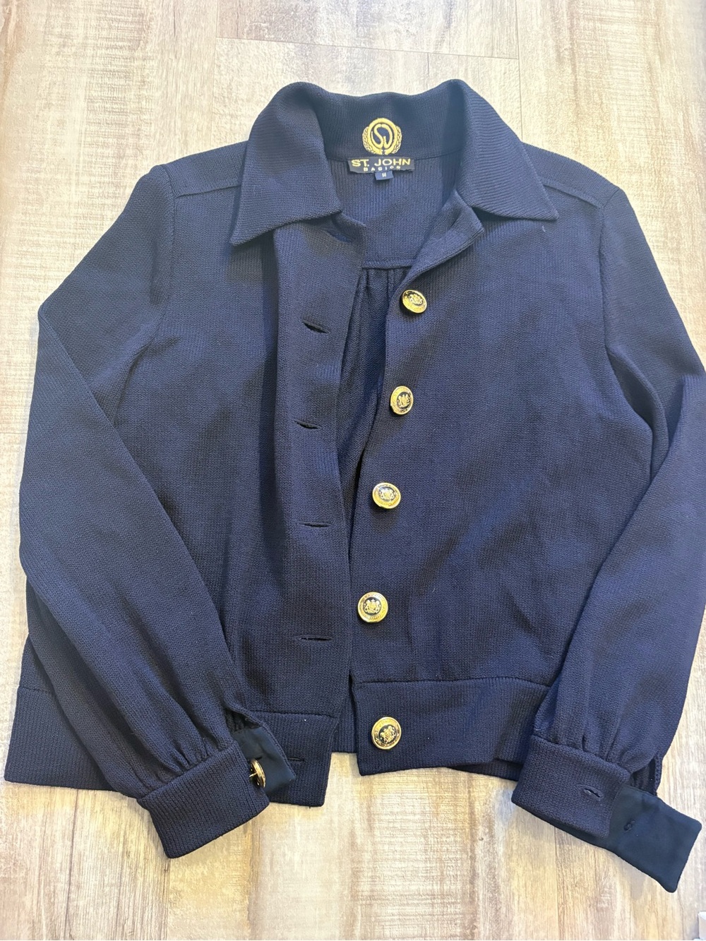 St. John Basics Navy Blue Gold Button Sweater Jacket Medium